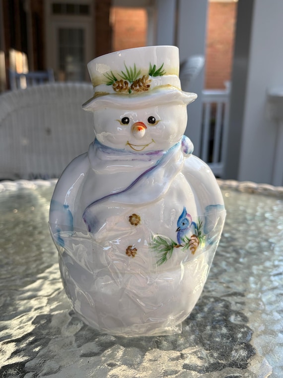 RARE Signed Fenton Milk Glass Snowman with Hand Painted Enamel Accents