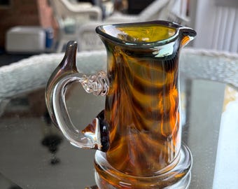 Vintage Signed and Dated Brown and Clear Striped Small Tankard or Creamer Pitcher with Curtain Design