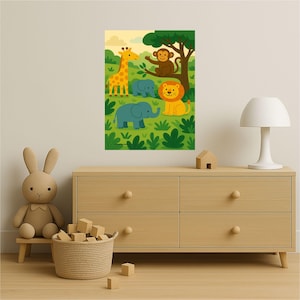 Kinderzimmerposter mit Löwe, Elefant, Giraffe & Zebra, bunte Kinderzimmerdeko mit Zootieren, Wandbild Babyzimmer für Kinder von 0-6 Jahre