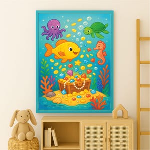 Kinderposter Unterwasserwelt, buntes Poster Kinderzimmer, Wandbild Babyzimmer, Fisch Clownfisch, Meerestiere für Kinder von 0-6 Jahre