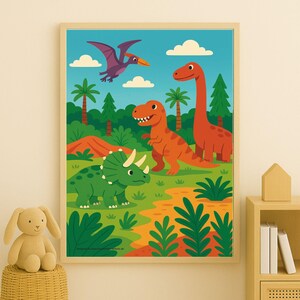 Kinderposter „Dinos" – bunte Dinosaurier Kinderzimmerdeko mit T-Rex und Co, Wandbild Poster für Jungen und Mädchen von 0-6 Jahren