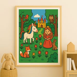 Kinderposter „Märchenwald“ – Kinderzimmerdeko mit Prinzessin und Einhorn, buntes Poster Kinderzimmer, Babyzimmer, für Kinder von 0-6 Jahre