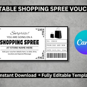 Modèle modifiable de chèque-cadeau de virée shopping, virée shopping, thérapie de la vente au détail, modèle de virée shopping Canva