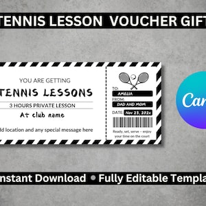 Vale de regalo para clases de tenis / Certificado de regalo personalizado para clases de tenis / Regalo perfecto para entusiastas del tenis