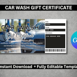 Bewerkbare carwash-cadeaubon | Certificaat autoreiniging op maat | Afdrukbare carwash-cadeausjabloon voor autoliefhebbers