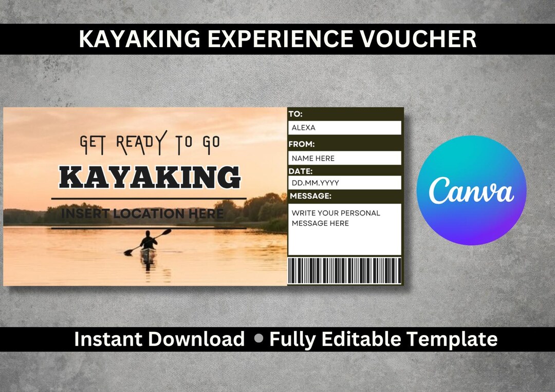 Kayaking Card Kayaking Gift Voucher | Printable Adventure Experience Ticket - Etsy