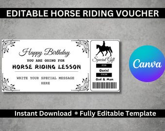 May include: A printable horse riding voucher template with a black and white design. The voucher says "Happy Birthday" and "You are going for a horse riding lesson". It also has a space to write a special message. The voucher is editable and can be personalized with the recipient's name and the giver's name.