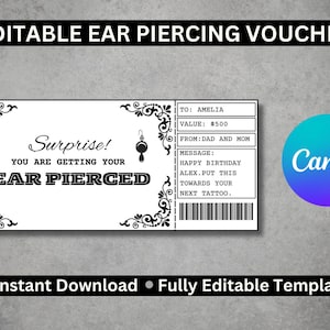 Vale de perforación de orejas editable / Certificado de regalo de perforación de orejas personalizado / Plantilla de regalo de perforación de orejas imprimible