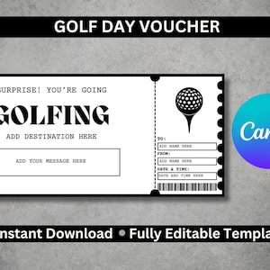 Puede incluir: Una plantilla de vale de día de golf en blanco y negro con el texto "GOLF DAY VOUCHER" en la parte superior. El vale incluye campos para agregar un destino, mensaje, destinatario y fecha. Un gráfico de pelota de golf está a la derecha.