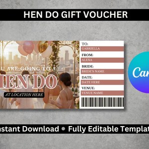 Puede incluir: Un vale de regalo para una despedida de soltera, con una escena de fiesta en la azotea y el horizonte de la ciudad. El vale incluye campos para el nombre de la novia, la fecha y el lugar. El logotipo de Canva es visible.