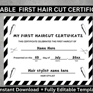 Certificado de primer corte de pelo editable / Plantilla de recuerdo de bebé personalizada / Certificado de hito de corte de pelo imprimible
