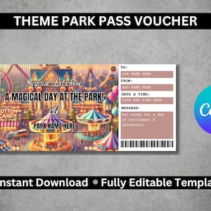 Bewerkbare sjabloon voucher themaparkpas | Aanpasbaar digitaal ticket voor bezoeken aan het pretpark