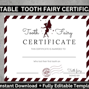 Certificat modifiable de fée des dents | de Lettre de fée personnalisée | Certificat de récompense imprimable pour enfants