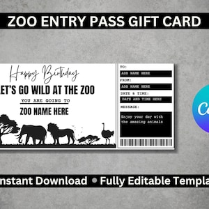Cadeaukaartsjabloon dierentuin toegangspas | Bewerkbaar digitaal toegangsbewijs voor dierentuinbezoeken | Direct downloaden | Perfect voor verjaardagen