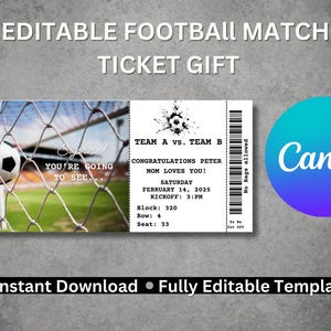 Plantilla de cupón de entrada para partido de fútbol editable / Entrada para evento deportivo de 4 x 9 / Entrada personalizable para el día del partido / Invitación de fútbol imprimible