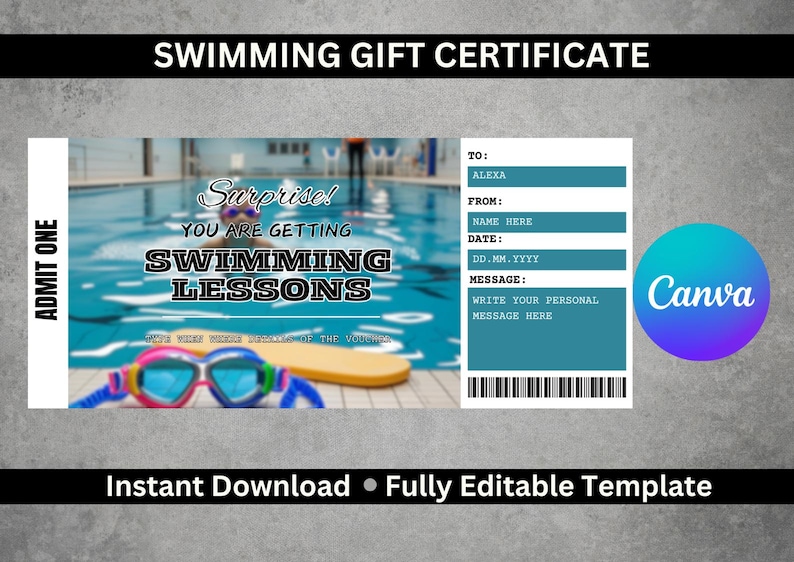 Swimming Lesson Gift Voucher | Printable Canva Swim Card - Etsy UK