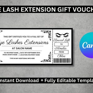 Plantilla editable de vale de regalo para extensiones de pestañas, regalo de belleza personalizado de Canva