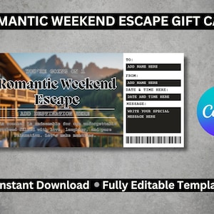 Può includere: Design di biglietto regalo per una romantica fuga di un fine settimana. La carta presenta una vista panoramica sulle montagne e il testo "Romantic Weekend Escape". Include campi per aggiungere nomi, date e un messaggio. Modello completamente modificabile.