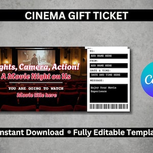 Op de afbeelding: Een afdrukbare bioscoopcadeaukaart-sjabloon met een zwart-wit ontwerp. De sjabloon toont een bioscoopscène met rode stoelen en een scherm waarop "Lights, Camera, Action! A Movie Night on Us" staat. De sjabloon bevat ook velden voor de naam van de ontvanger, de naam van de afzender, de datum en tijd van de film en een bericht.