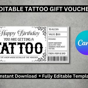 TATUAJE DE CHEQUE DE REGALO PERSONALIZADO: Plantilla de certificado de cheque regalo personalizable, imprimible y editable