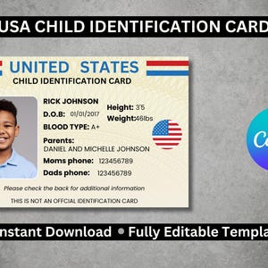 USA Child ID Card Template, Child Safety Card, Customizable & Printable | Digital Kids ID Card