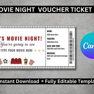Movie Night Cinema TICKET Vorlage, bearbeitbarer Überraschungsfilm-Konzertticket-Gutschein