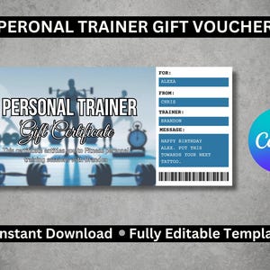 Puede incluir: Un vale de regalo para un entrenador personal, con el texto "Personal Trainer Gift Certificate". El diseño incluye siluetas de personas haciendo ejercicio con pesas y un reloj. El vale es para Alexa, de Chris, con Brandon como entrenador.