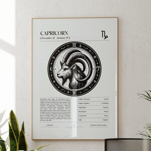 Arte de parede de Capricórnio, pôster de astrologia védica, pôster de mapa natal de grimório, constelação, impressão do zodíaco, arte de parede de tarô de chakra, decoração de quarto indie