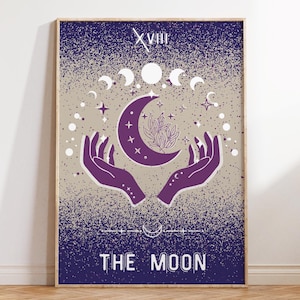 Affiche d'astrologie carte de tarot lune, impression du zodiaque grimoire, décoration païenne, déco indé des arcanes, Constellation, cadeau d'art mural preppy spirituel