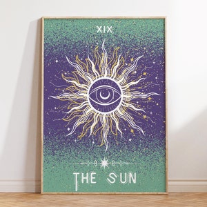Affiche d'astrologie de carte de tarot du soleil, impression du zodiaque grimoire, déco païenne, déco de chambre indé arcanique, cadeau d'art mural preppy spirituel, constellation