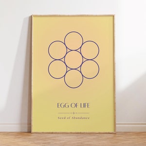 Puede incluir: Un póster enmarcado con fondo amarillo y diseño geométrico de siete círculos superpuestos en azul marino. El texto "EGG OF LIFE" y "Seed of Abundance" están debajo. El póster se muestra sobre un suelo de madera.