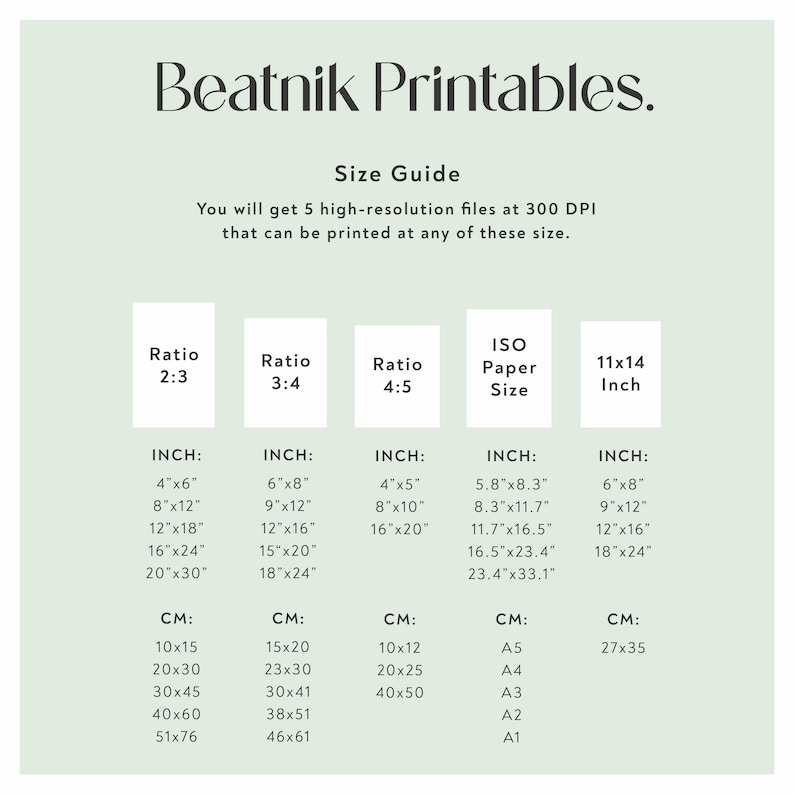 May include: A size guide chart from Beatnik Printables, with inch and centimeter measurements for various print ratios and ISO paper sizes. Includes sizes like 4"x6", 8"x12", and 10x15 cm, 20x30 cm, and A5, A4, A3, A2, and A1.