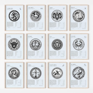 Pacote de pôsteres de todos os 12 signos do zodíaco Conjunto de impressão de astrologia Grimório Cartaz de mapa natal Impressão do zodíaco Arte de parede de tarô Impressão de chakra Decoração de quarto indie
