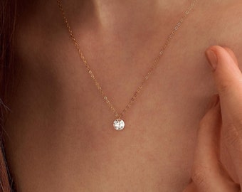 Single Round CZ Diamond Necklace, 925 Sterling Silver Necklace, Minimalist Diamond Necklace for Mom,Everyday Necklace,Christmas Gift for Her