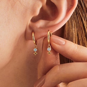 Mini Opal Huggie Hoop Earring, Opal Earrings, Sterling Silver Opal Huggie Hoop Earrings for Mom, Dainty Hoop Earrings,Christmas Gift for Her