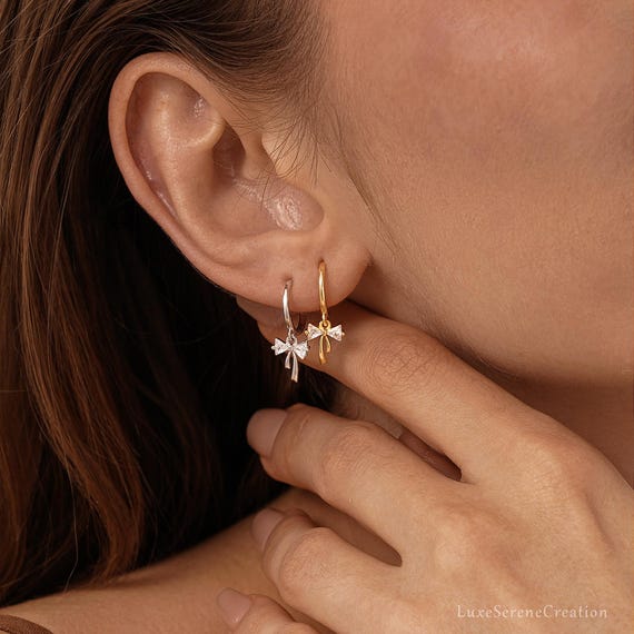 Ribbon Bow Huggie Earrings, Bow Dangle Earrings in Sterling Silver, Dainty Hoop Earrings for Women, Birthday Gifts, Christmas Gifts for Her