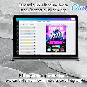 May include: A laptop displaying a Canva design for a Fortnite-themed event. The design features the Fortnite logo, character illustrations, and event details. Text includes "Anthony Chapter 8" and "Edit on your laptop or desktop PC".