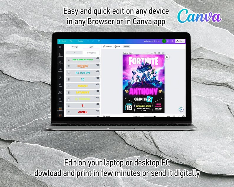 May include: A laptop displaying a Canva design for a Fortnite-themed event. The design features the Fortnite logo, character illustrations, and event details. Text includes "Anthony Chapter 8" and "Edit on your laptop or desktop PC".