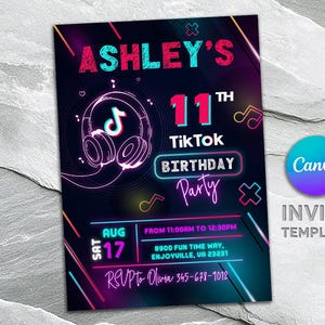 TikTok birthday invitation, tik tok invite, printable editable tiktok party invite template, blogger party, tik-tok music party