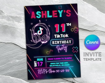 TikTok birthday invitation, tik tok invite, printable editable tiktok party invite template, blogger party, tik-tok music party