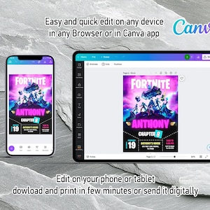 May include: A smartphone and tablet display a Fortnite-themed invitation with the text "ANTHONY CHAPTER 8". The Canva logo is visible. Text reads "Easy and quick edit on any device" and "Edit on your phone or tablet".