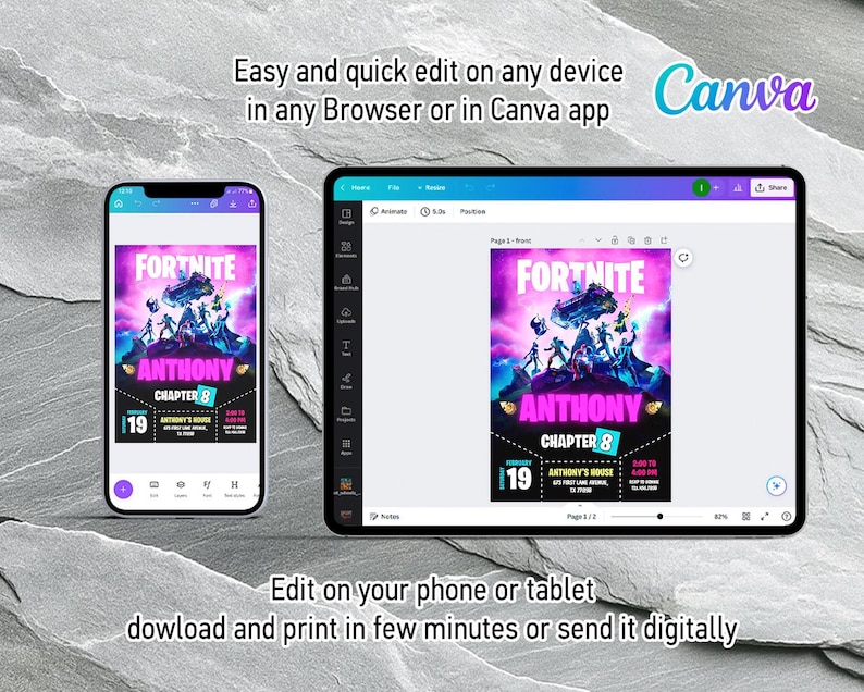 May include: A smartphone and tablet display a Fortnite-themed invitation with the text "ANTHONY CHAPTER 8". The Canva logo is visible. Text reads "Easy and quick edit on any device" and "Edit on your phone or tablet".