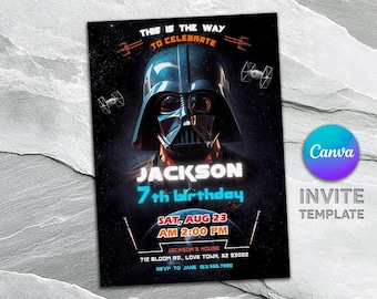 May include: A Star Wars themed birthday invitation with a dark blue background and a picture of Darth Vader. The text reads "This is the way to celebrate Jackson's 7th birthday". The invitation includes the date, time, and location of the party.