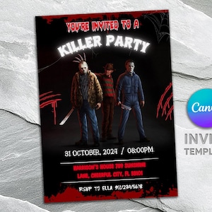 May include: A red and black Halloween party invitation with a neon sign that says "Killer Party". The invitation features three horror movie characters: Michael Myers, Freddy Krueger, and Jason Voorhees. The text on the invitation includes the date, time, and location of the party, as well as the RSVP information.