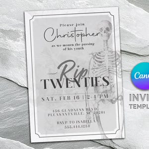 Invitation imprimable à la fête des années 20, invitation à la mort aux années 20, invitation à une fête squelette, invitation au trentième anniversaire, anniversaire modifiable des 20 ans