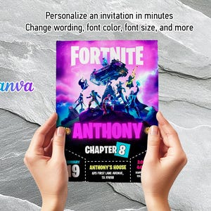 May include: A personalized invitation with the word "FORTNITE" in large white letters on a purple background. The invitation includes the name "ANTHONY" in pink, and the text "CHAPTER 8". The Canva logo is in the upper left corner.