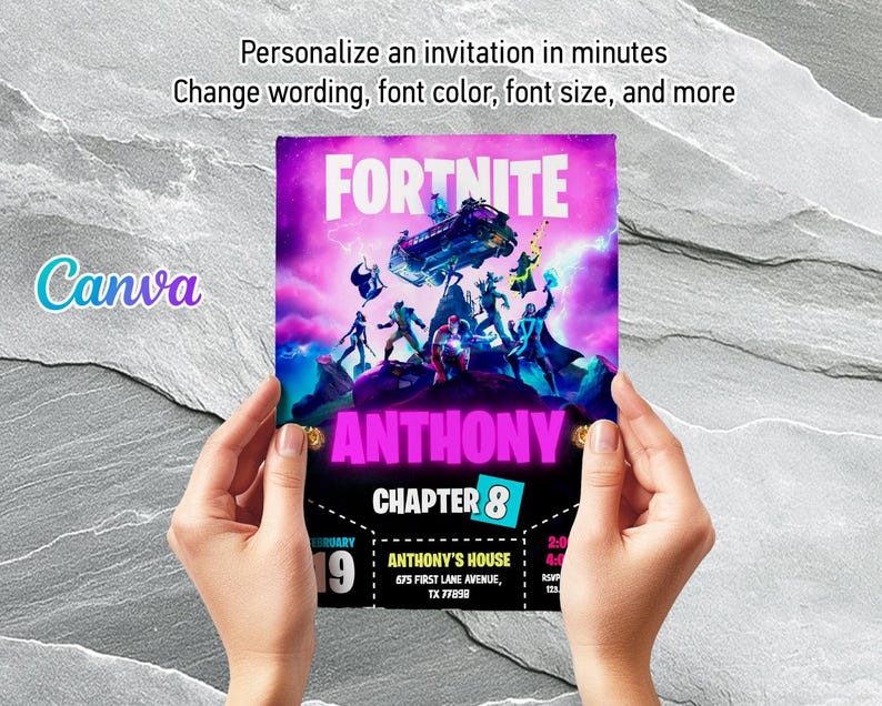 May include: A personalized invitation with the word "FORTNITE" in large white letters on a purple background. The invitation includes the name "ANTHONY" in pink, and the text "CHAPTER 8". The Canva logo is in the upper left corner.