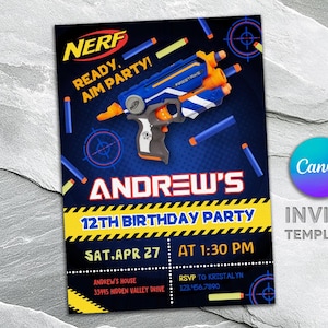 Dart gun party, invitation d’anniversaire dart wars, modèle d’invitation nerf modifiable, invitation d’anniversaire de garçon, invitation d’anniversaire modifiable imprimable
