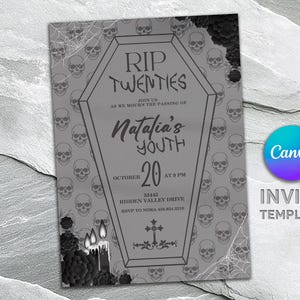 Invitation imprimable à la fête des années 20, invitation à la mort aux années 20, invitation à une fête squelette, invitation au trentième anniversaire, anniversaire modifiable des 20 ans