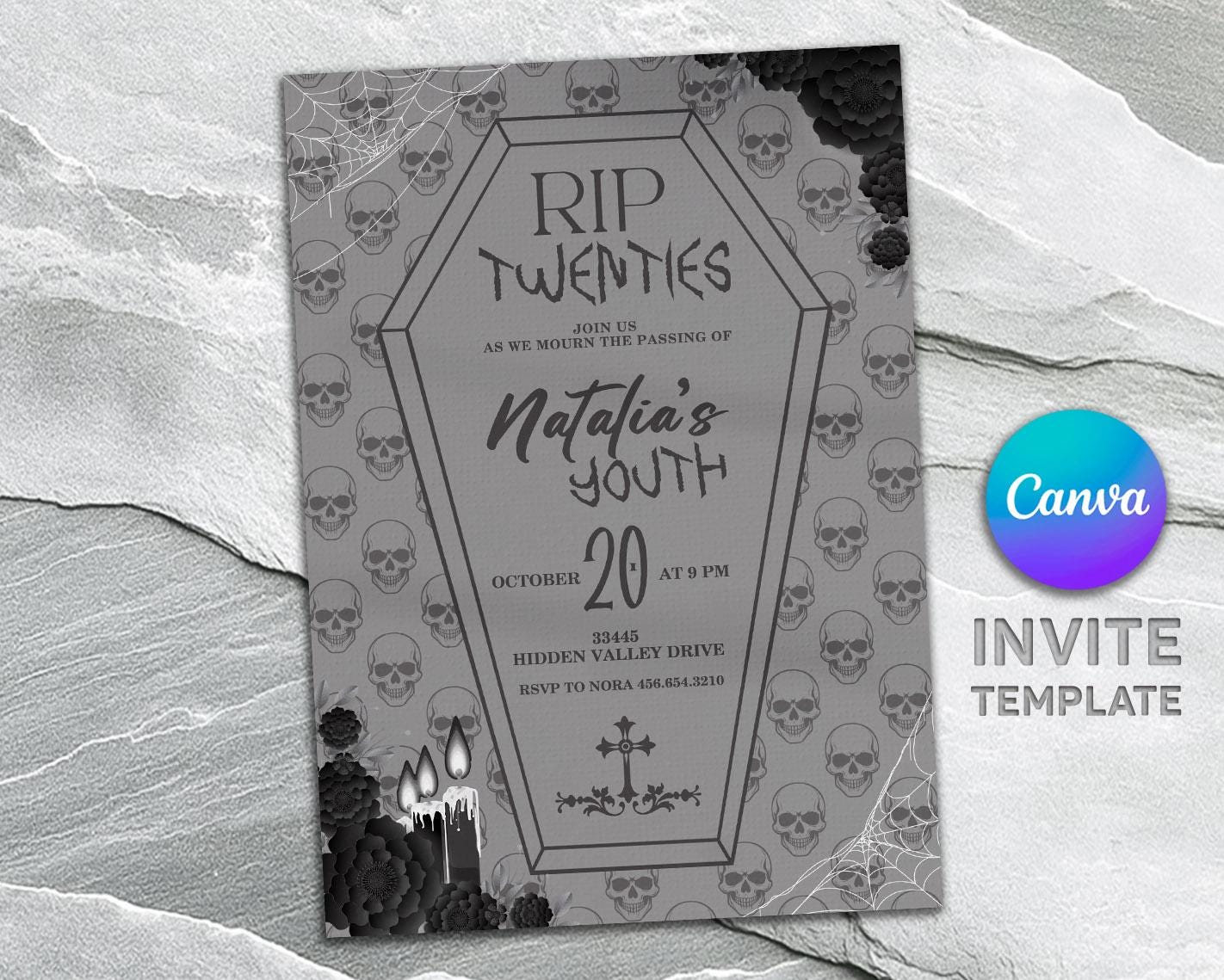 Printable RIPs to twenties party Invitation, Death to 20s invite, skeleton party invite, thirtieth birthday invite, editable 20s birthday